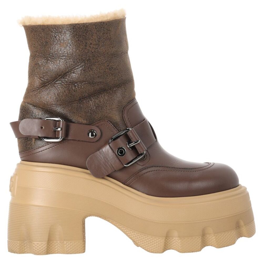 Casadei Shearling Lace Up Ankle Boots in Brown Leather